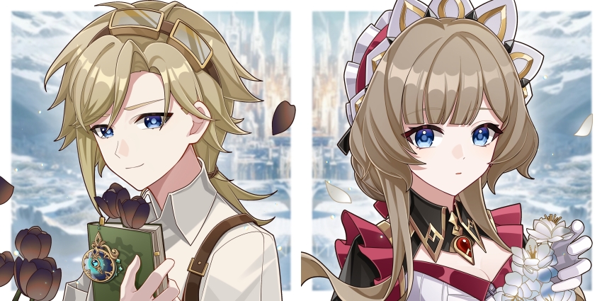 1boy, 1girl, absurdres, alain_guillotin, blonde_hair, blue_eyes, blue_pupils, blunt_bangs