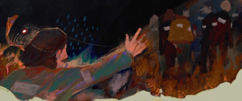 2girls, 3boys, alice_demettrie, black_jacket, bomber_jacket, brown_hair, character_request, disco_elysium, facial_hair, green_jacket, harry_du_bois, highres, jacket, jean_vicquemare, jidianfan, judit_minot, kim_kitsuragi, multiple_boys, multiple_girls, mutton_chops, orange_jacket, outstretched_arm, reaching, reaching_towards_another