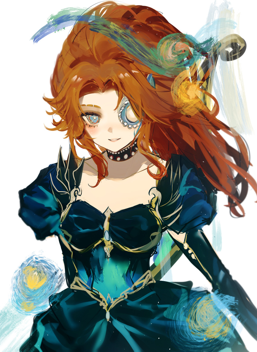 1girl, anlingennny, black_choker, blue_dress, brynhildr_vilulf, brynhildr_vilulf_(the_anachronic_vilulf), choker, dress