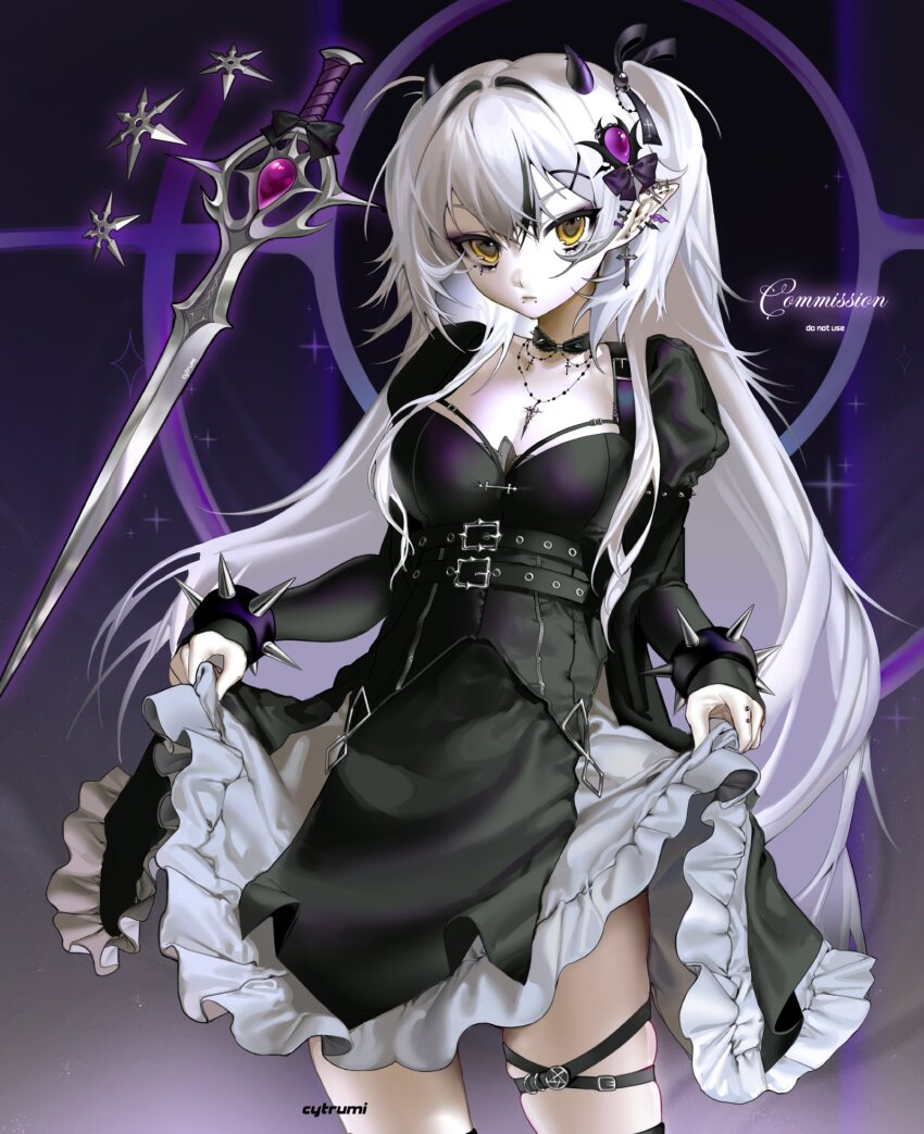 1girl, armlet, artist_name, belt, black_dress, bow, breasts, choker