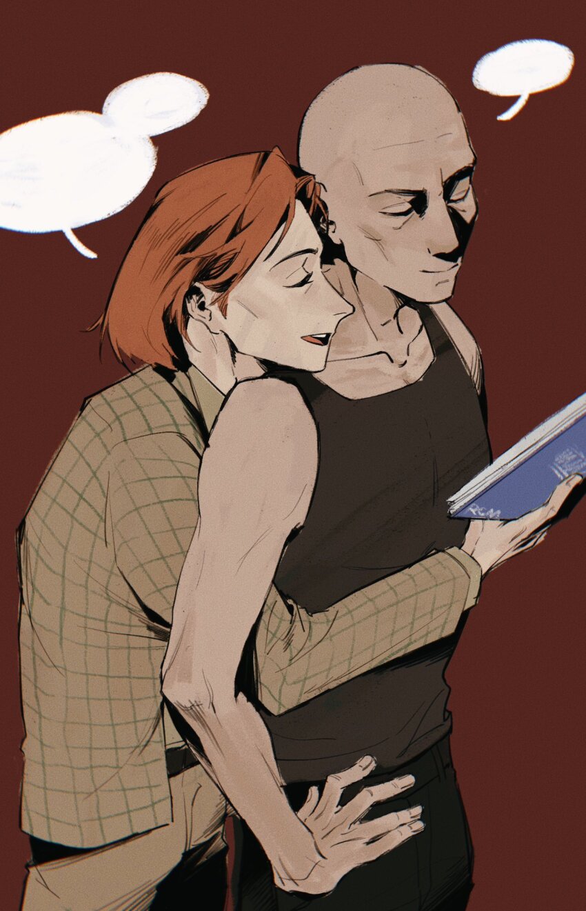 1boy, 1girl, bald, black_tank_top, blank_speech_bubble, bob_cut, brown_hair, cowboy_shot