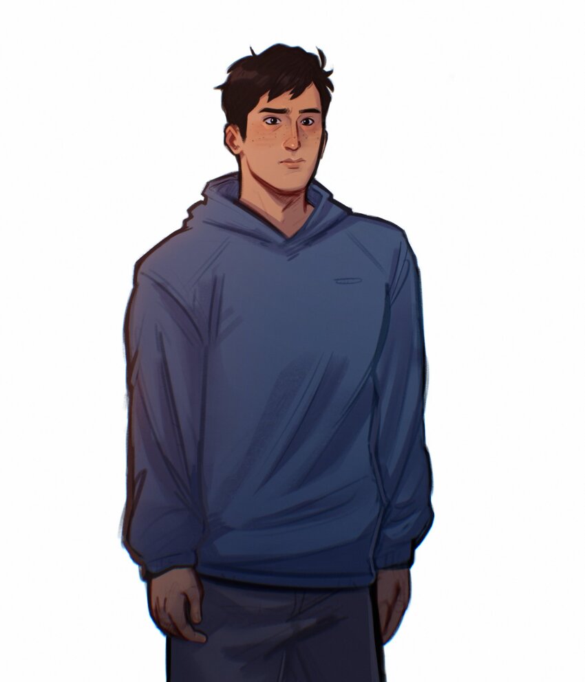 1boy, black_hair, blue_hoodie, blush, brown_eyes, closed_mouth, commentary, english_commentary