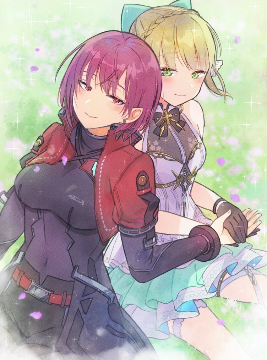 2girls, blonde_hair, braid, commentary_request, gloves, grass, green_eyes, hair_ornament