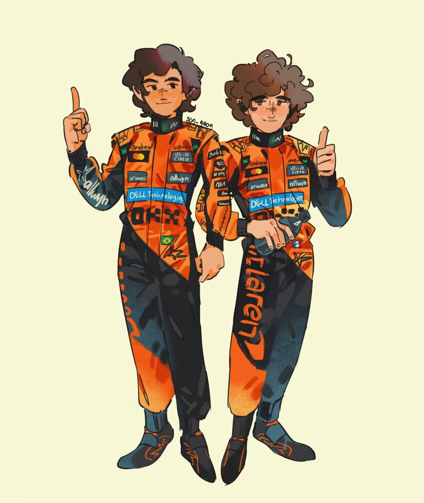 2boys, alain_prost, ayrton_senna, black_eyes, bottle, brown_eyes, brown_hair, closed_mouth, commentary, dell, english_commentary, formula_one, hand_up, highres, holding, holding_bottle, index_finger_raised, long_sleeves, looking_at_viewer, male_focus, multiple_boys, no_sclera, orange_racing_suit, racing_suit, real_life, short_hair, simple_background, smile, sog_goog, standing, thumbs_up, yellow_background