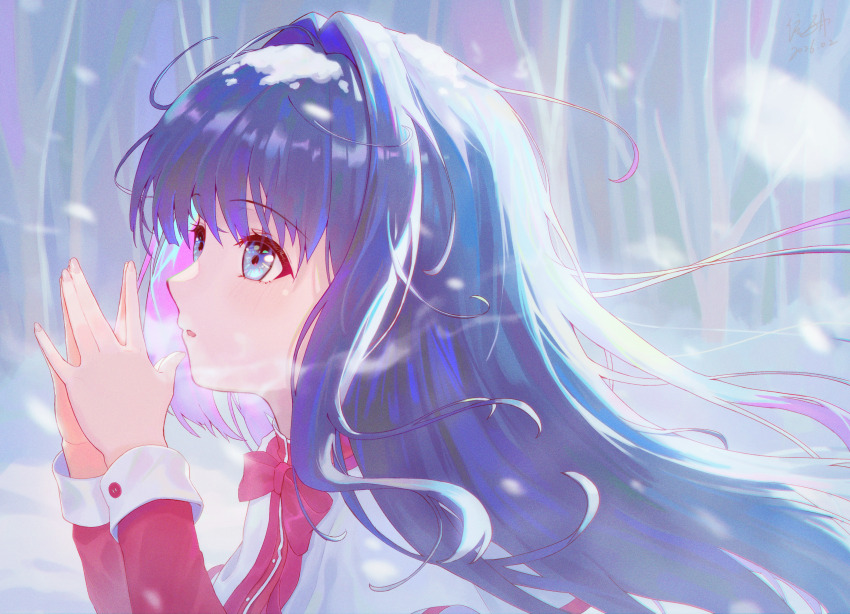 1girl, \||/, backlighting, bare_tree, blue_eyes, blue_hair, bow, bowtie