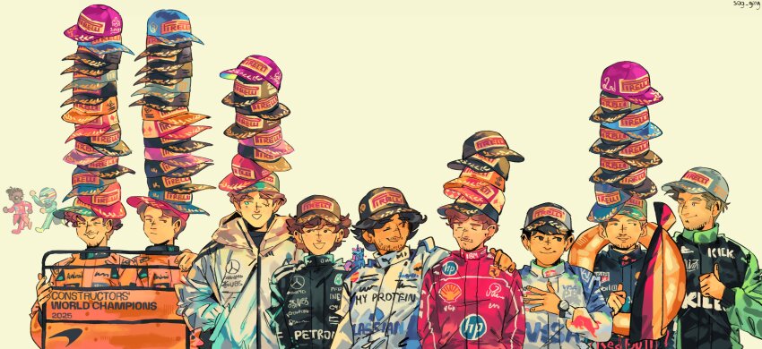 6+boys, absurdres, andrea_kimi_antonelli, baseball_cap, black_eyes, black_racing_suit, blue_eyes, blue_racing_suit