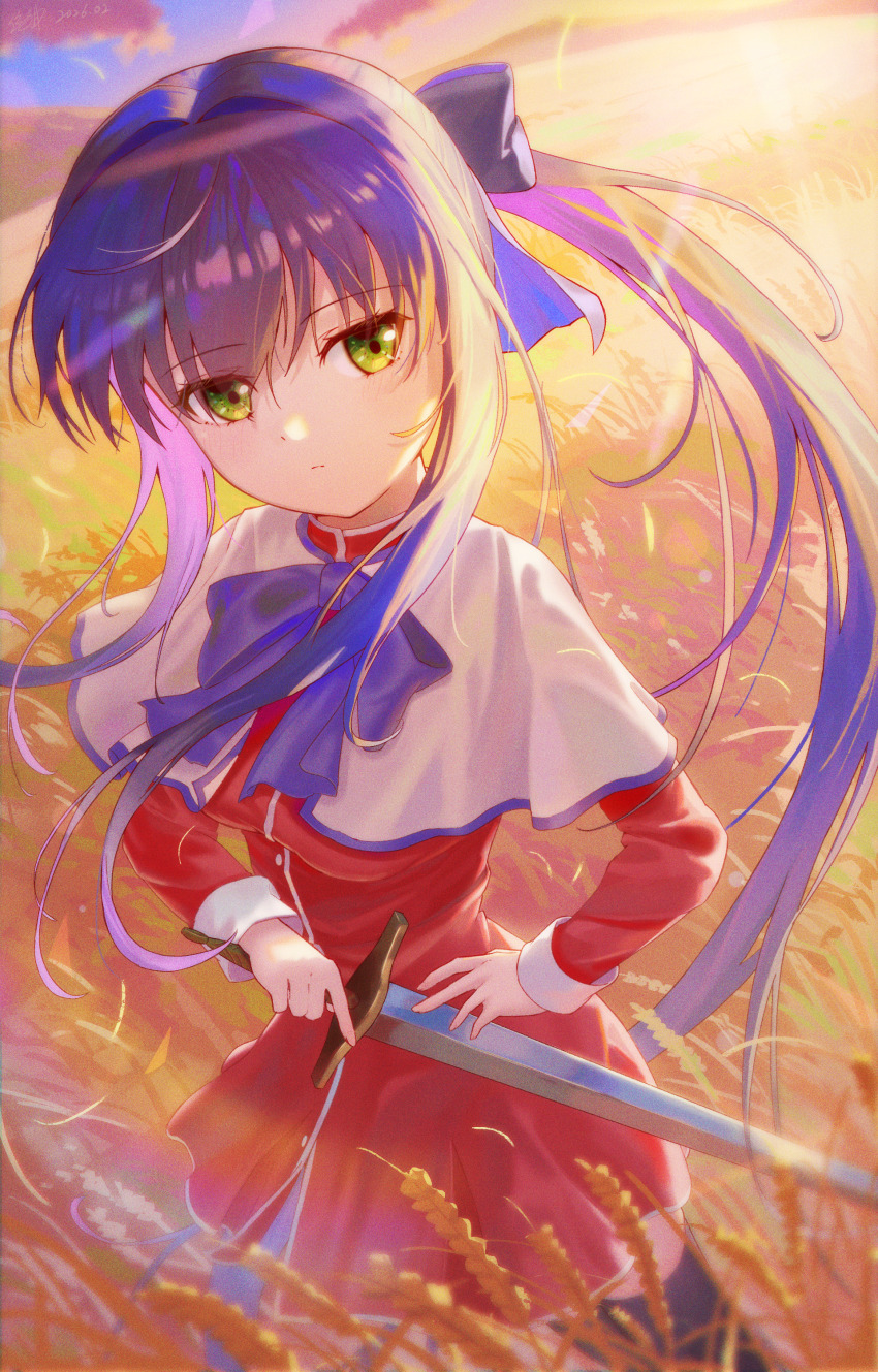 1girl, absurdres, backlighting, black_bow, black_thighhighs, blue_bow, blue_bowtie, blue_hair, bow, bowtie, capelet, commentary_request, day, dress, expressionless, eyelashes, eyes_visible_through_hair, film_grain, flowingcrescent, green_eyes, hair_between_eyes, hair_bow, hair_intakes, hand_on_own_hip, highres, holding, holding_sword, holding_weapon, kanon, kanon_school_uniform, kawasumi_mai, long_hair, long_sleeves, looking_at_viewer, outdoors, ponytail, red_dress, school_uniform, solo, sunlight, sword, thighhighs, very_long_hair, weapon, wheat, wheat_field, white_capelet