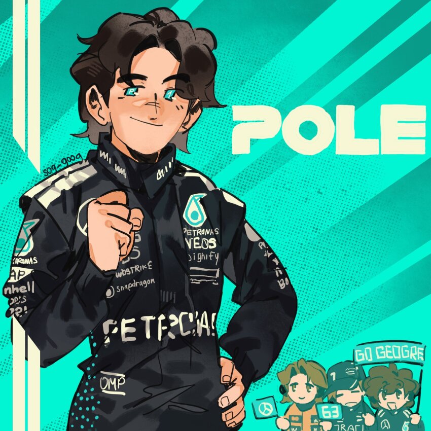 4boys, andrea_kimi_antonelli, black_racing_suit, blue_background, blue_eyes, brown_hair, clenched_hand, closed_mouth