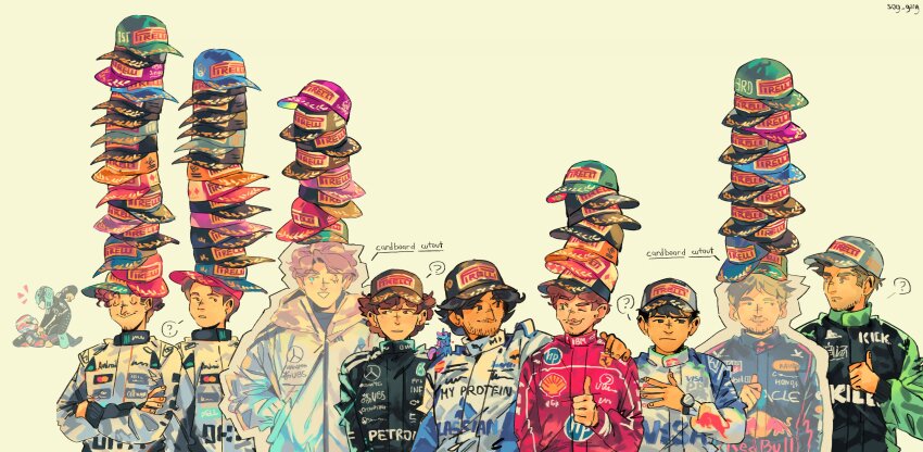 6+boys, ?, absurdres, andrea_kimi_antonelli, baseball_cap, black_eyes, black_racing_suit, blue_eyes