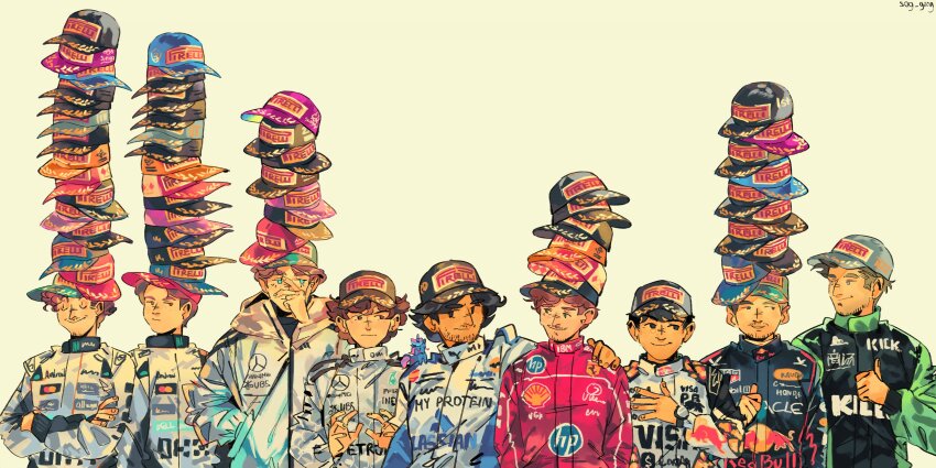 6+boys, absurdres, andrea_kimi_antonelli, baseball_cap, black_eyes, black_racing_suit, blue_eyes, blue_racing_suit