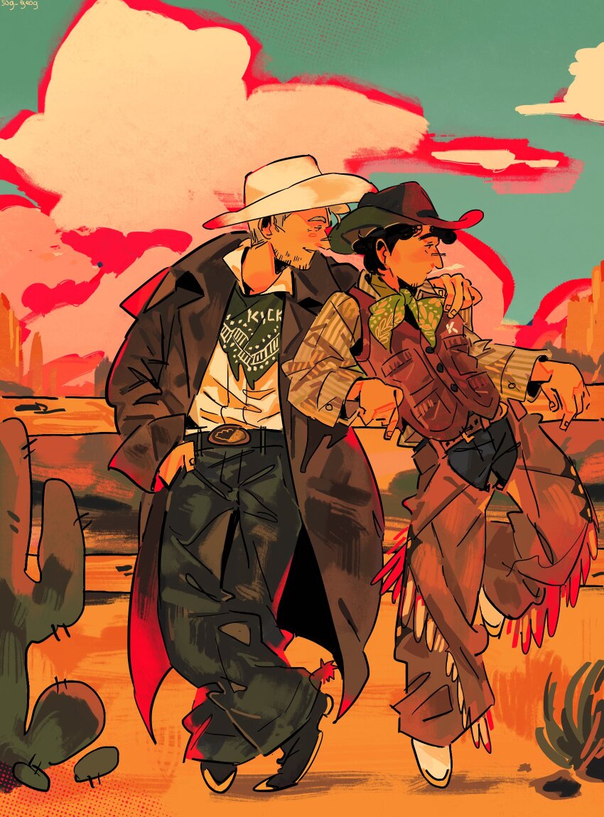 2boys, beard_stubble, black_hair, black_pants, black_shoes, blonde_hair, brown_coat, brown_hat, brown_jacket, brown_pants, cactus, cloud, cloudy_sky, coat, commentary, cowboy, cowboy_hat, cowboy_western, day, english_commentary, facial_hair, formula_one, gabriel_bortoleto, green_shirt, hand_on_another's_shoulder, hat, highres, jacket, leaning_back, long_sleeves, male_focus, multiple_boys, nico_hulkenberg, outdoors, pants, real_life, shirt, shoes, short_hair, sky, sog_goog, standing, stubble, western, white_hat