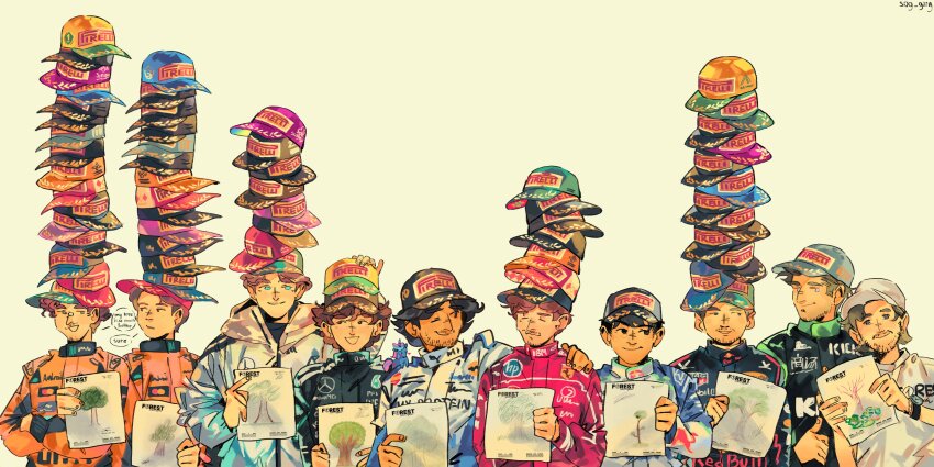 6+boys, absurdres, andrea_kimi_antonelli, baseball_cap, black_eyes, black_racing_suit, blue_eyes, blue_racing_suit