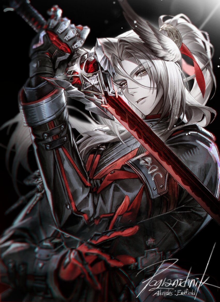 1boy, arknights, arknights:_endfield, black_gloves, commentary_request, gloves, hair_between_eyes, head_wings