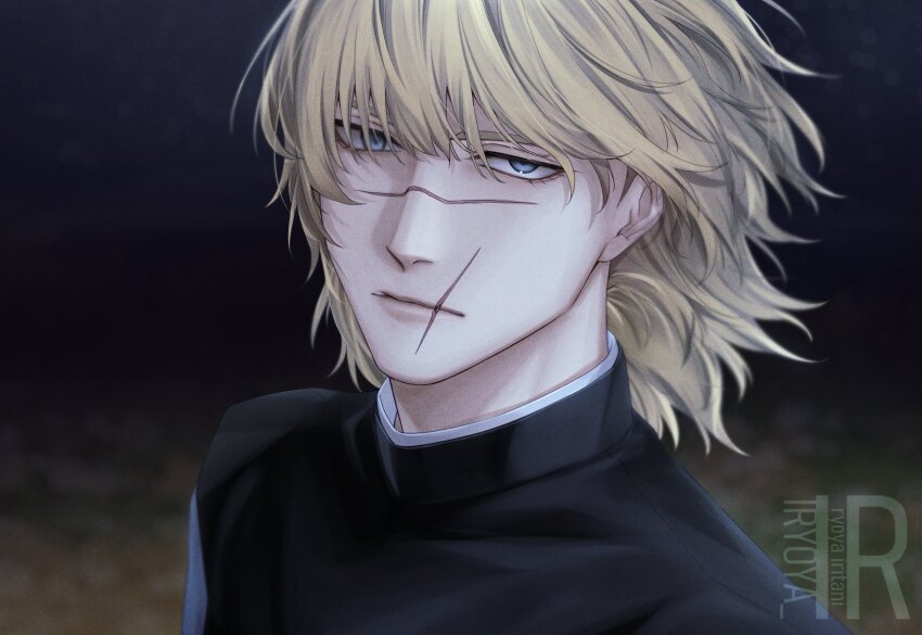 1boy, badeni, black_shirt, blonde_hair, blue_eyes, chi.:_chikyuu_no_undou_ni_tsuite, collared_shirt, floating_hair