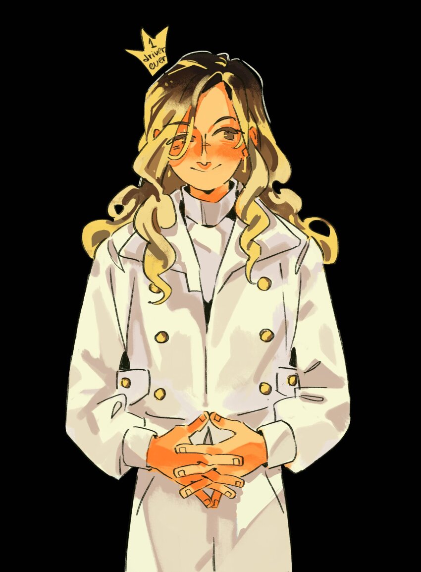 1girl, black_background, blonde_hair, brown_eyes, closed_mouth, coat, commentary, cowboy_shot