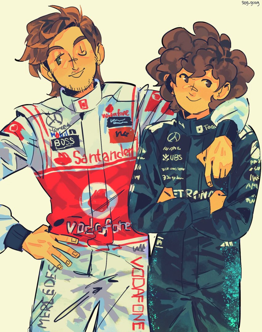 2boys, andrea_kimi_antonelli, arm_around_shoulder, beard_stubble, brown_eyes, brown_hair, closed_mouth, commentary