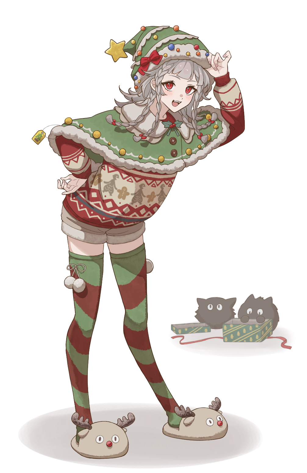 1girl, :d, adjusting_clothes, adjusting_headwear, alternate_costume, animal_slippers, bow, brown_shorts, capelet, carbuncle_(reverse:1999), commentary_request, creature, diagonal-striped_thighhighs, fangs, full_body, fur-trimmed_capelet, fur-trimmed_headwear, fur_trim, green_capelet, green_hat, green_thighhighs, grey_hair, hand_on_headwear, hand_on_own_hip, hand_up, hat, hat_bow, highres, leaning_forward, legs_apart, looking_at_viewer, masei_shibou, medium_hair, multicolored_thighhighs, open_box, open_mouth, pom_pom_(clothes), print_sweater, quad_braids, red_bow, red_eyes, red_thighhighs, reverse:1999, rubuska, santa_hat, short_shorts, shorts, slippers, smile, solo, standing, sweater, teeth, thighhighs, two-tone_thighhighs, upper_teeth_only, white_background