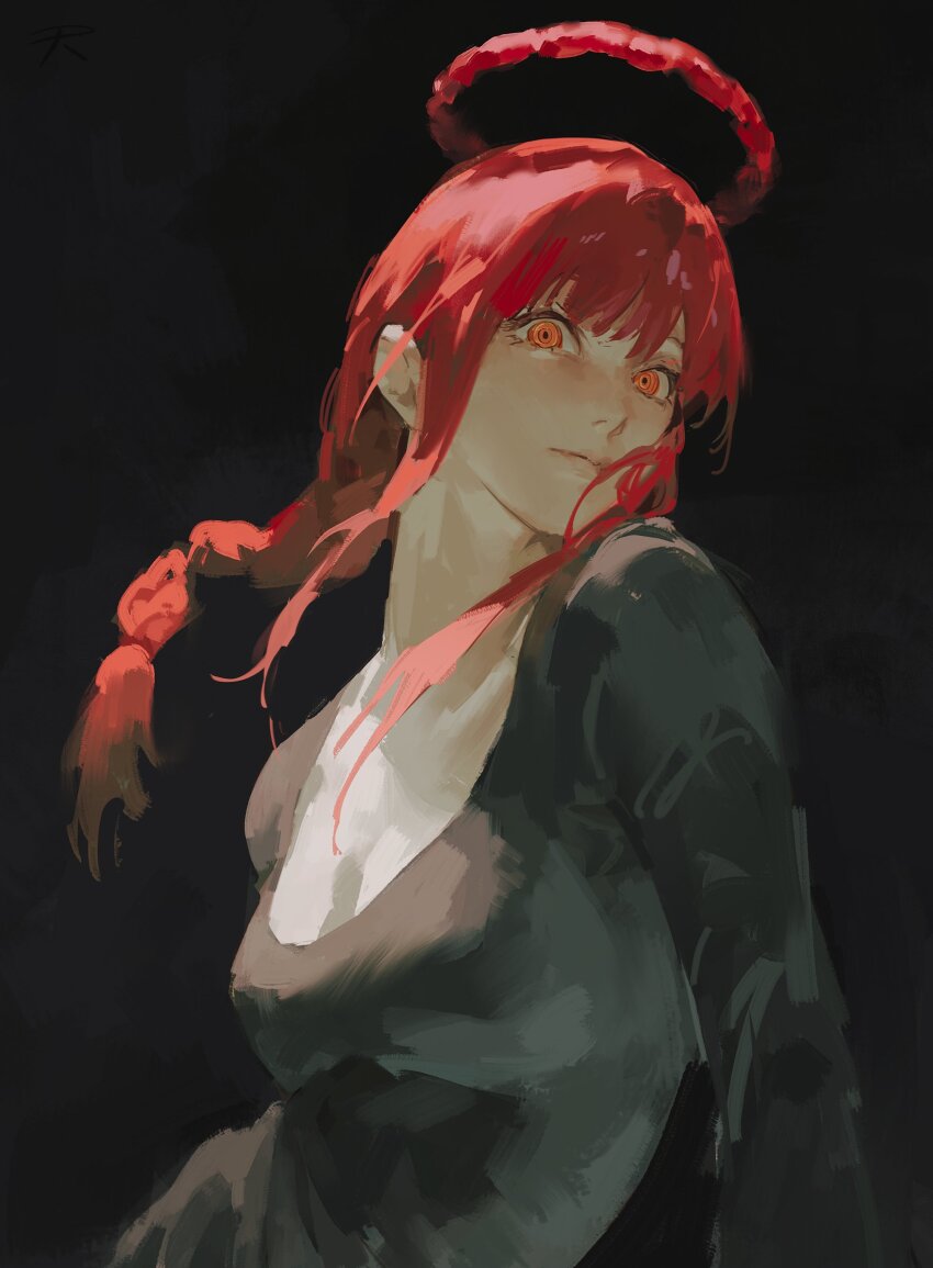 1girl, absurdres, black_background, black_dress, braid, breasts, chainsaw_man, cleavage