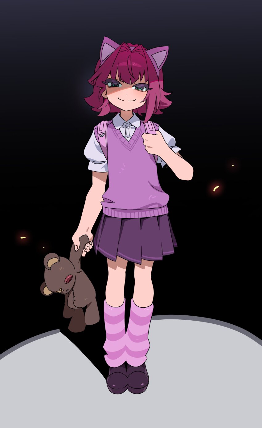 absurdres, animal_ears, annie_(league_of_legends), fake_animal_ears, furrype4ch, green_eyes, highres, holding, holding_stuffed_toy, leg_warmers, pleated_skirt, red_hair, shirt, shoes, short_sleeves, simple_background, skirt, smile, standing, stuffed_animal, stuffed_toy, sweater_vest, tibbers, white_shirt