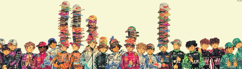 6+boys, absurdres, alexander_albon, andrea_kimi_antonelli, baseball_cap, black_eyes, black_racing_suit, blue_eyes