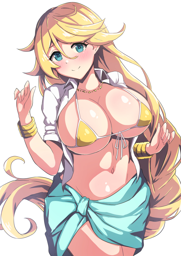 1girl, aqua_eyes, bikini, blonde_hair, breasts, cleavage, closed_mouth, commentary_request, duel_masters, duel_masters_play's, elena_(duel_masters), hair_between_eyes, jewelry, ka-9, large_breasts, long_hair, looking_at_viewer, necklace, open_clothes, open_shirt, shirt, solo, swimsuit, white_background, white_shirt