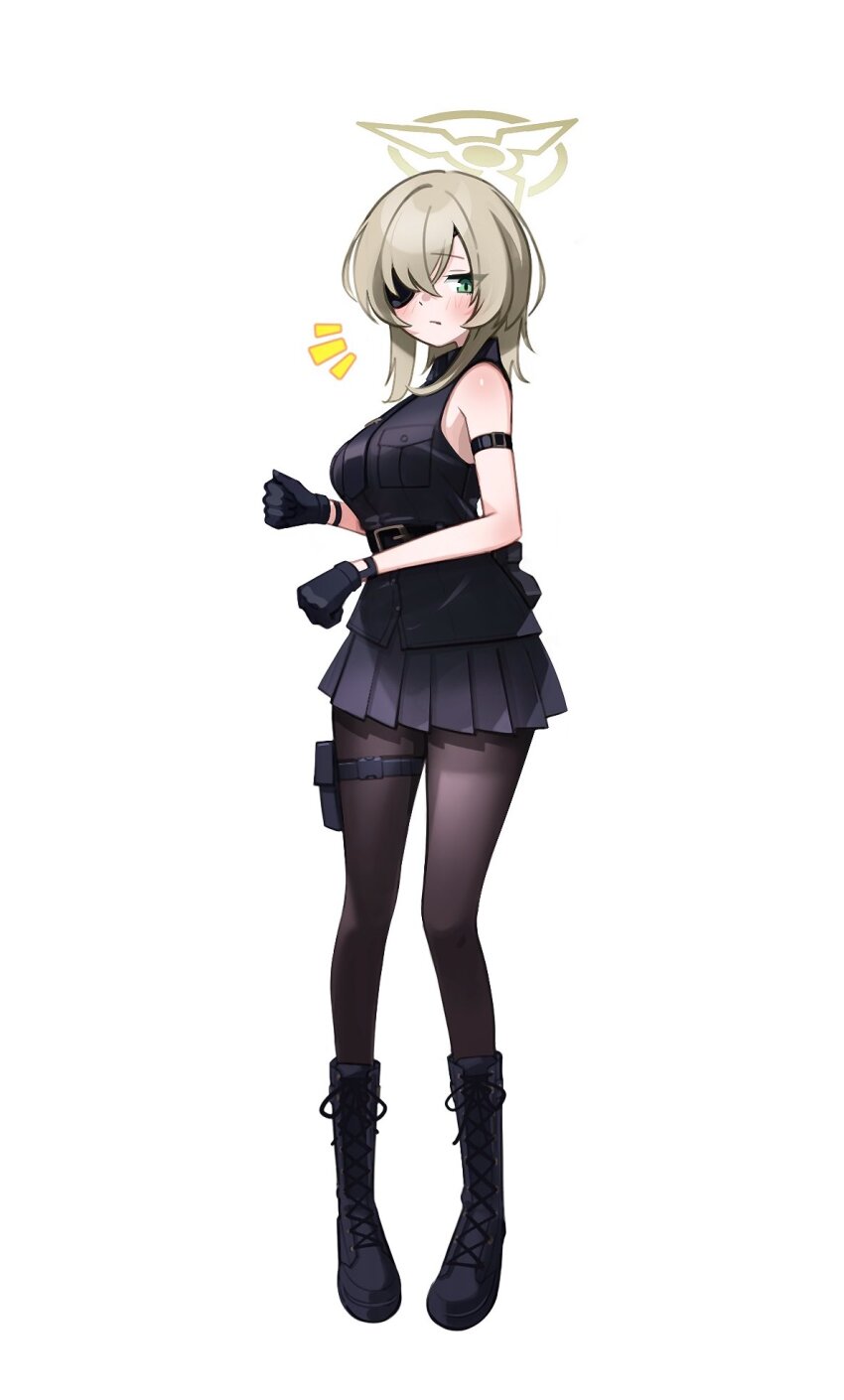1girl, bare_shoulders, black_gloves, black_pantyhose, black_shirt, black_skirt, blonde_hair, blue_archive