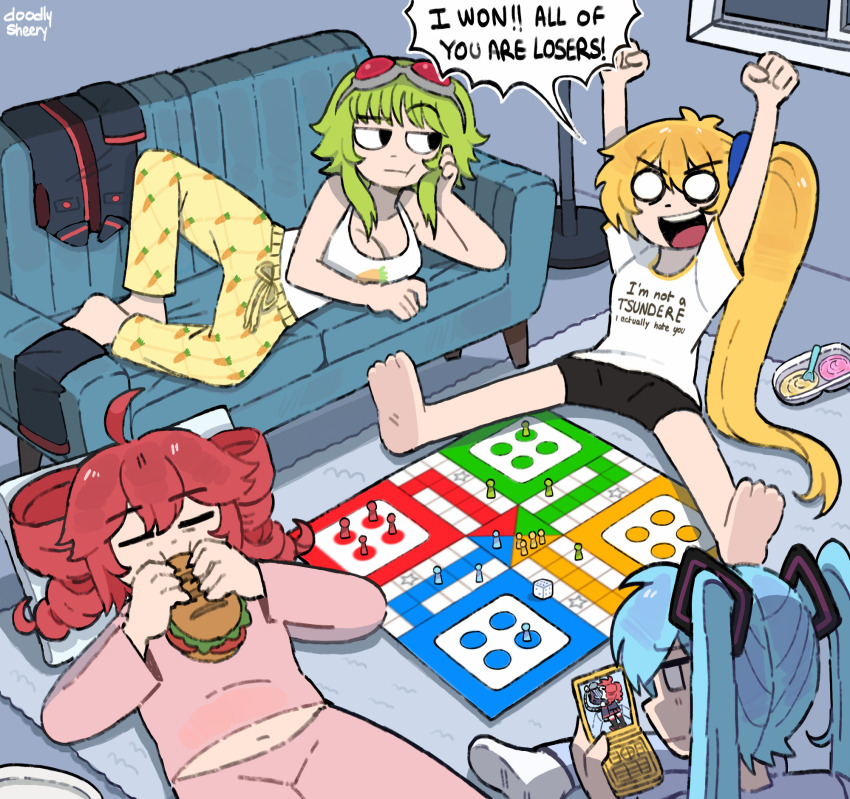 4girls, ahoge, akita_neru, aqua_hair, arms_up, artist_name, barefoot, black_shorts, blonde_hair, blue_scrunchie, board_game, breasts, carpet, carrot_print, cellphone, cellphone_photo, cleavage, closed_eyes, clothes_writing, commentary, couch, dice, drill_hair, eating, english_commentary, flip_phone, food, food_print, goggles, goggles_on_head, green_hair, gumi, hatsune_miku, highres, holding, holding_food, holding_phone, indoors, kasane_teto, kasane_teto_(utau), long_hair, looking_at_another, looking_at_phone, ludo_(board_game), midriff, mitsuko_tan, multiple_girls, navel, nerunerunerune, on_couch, on_floor, open_mouth, pants, phone, pink_pants, pink_shirt, print_pants, red_hair, scrunchie, shirt, shorts, side_ponytail, socks, soles, speech_bubble, tank_top, triple_baka_(vocaloid), twin_drills, twintails, unworn_clothes, unworn_shirt, utau, vocaloid, white_shirt, white_socks, white_tank_top