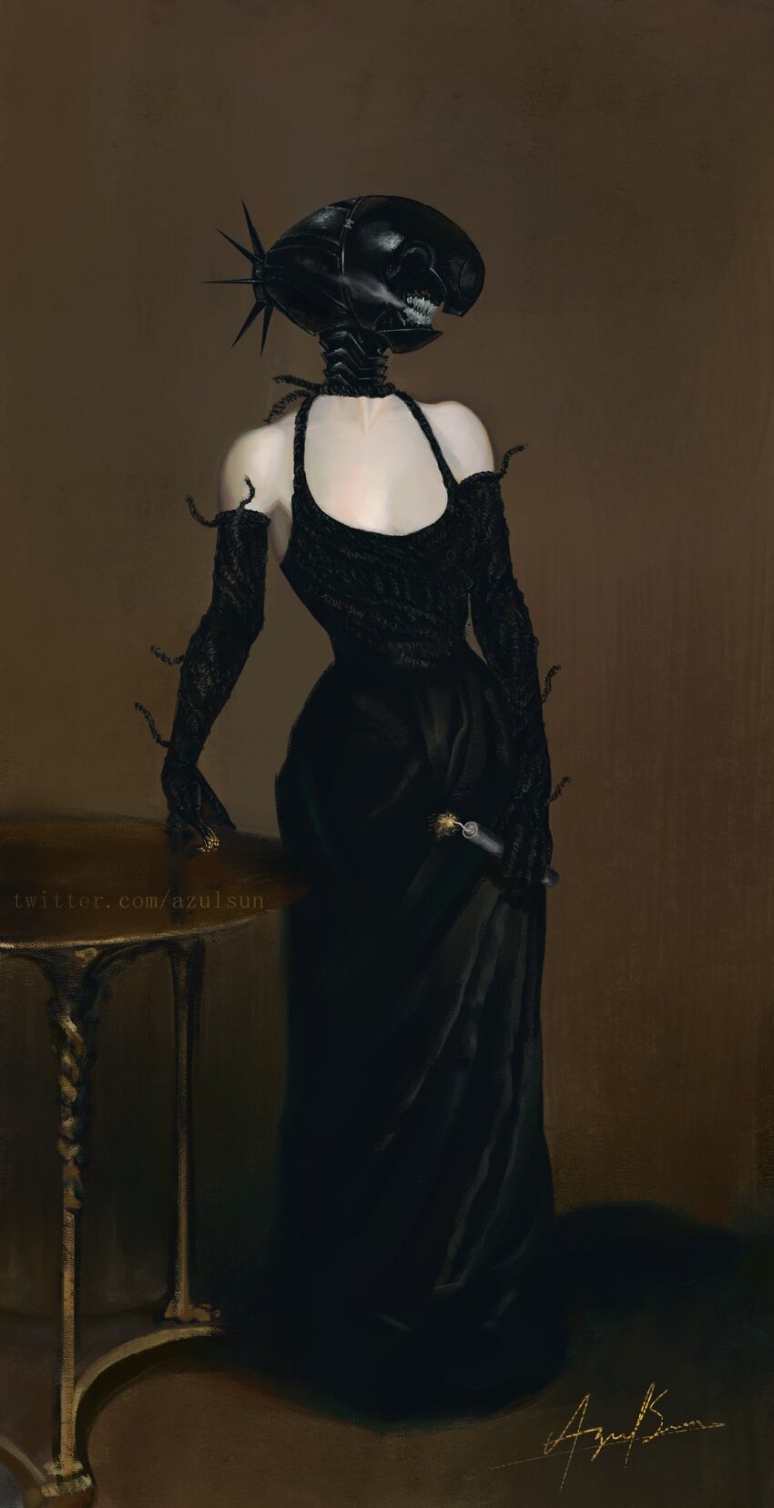 1girl, alternate_form, bare_shoulders, black_dress, black_gloves, bomb, bomb_devil_(chainsaw_man), breasts