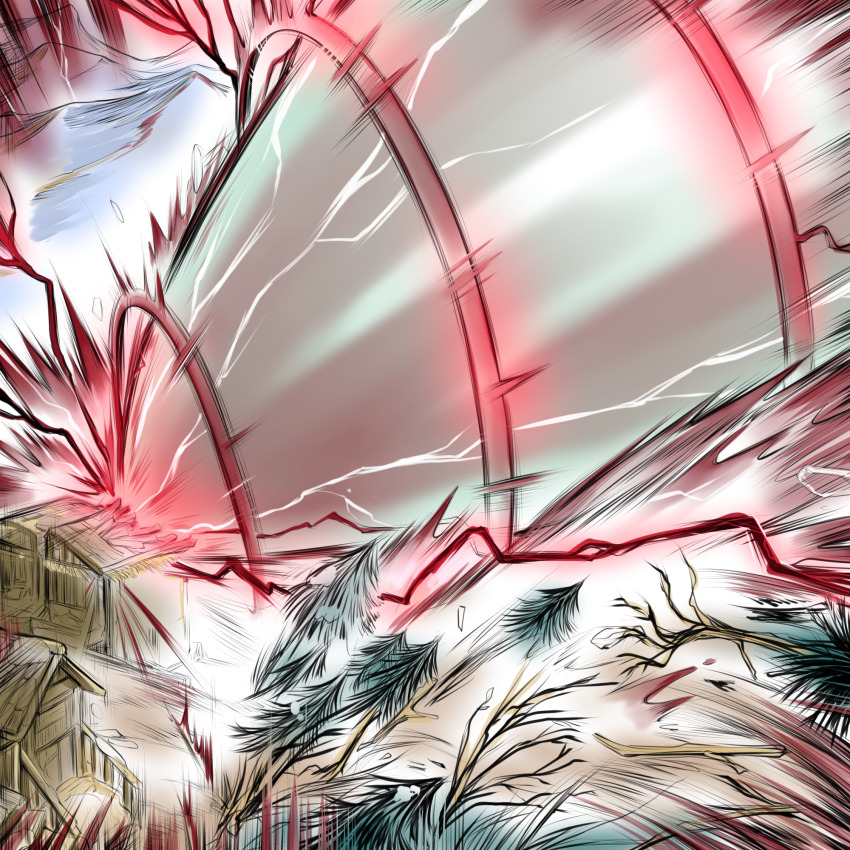 explosion, highres, magic, mountain, no_humans, outdoors, outrooting, sousou_no_frieren, stable, tree, yuriwhale