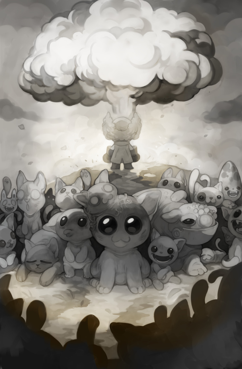 1boy, :3, absurdres, animal, balding, blind, cat, commentary