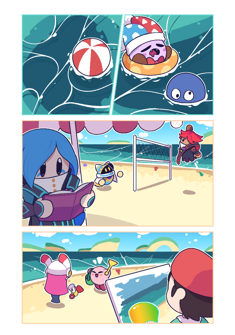 adeleine, ball, beach, beach_volleyball, black_hair, blue_hair, blush_stickers, book