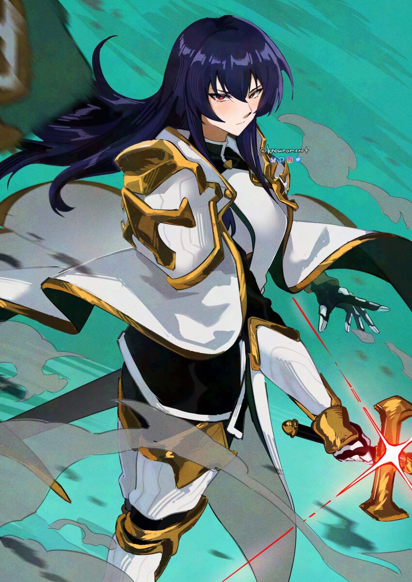 1girl, absurdres, armor, artist_name, black_hair, bluesky_logo, cape, closed_mouth