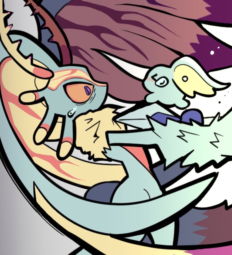 >_<, antlers, blue_fur, elfilin, fecto_elfilis, from_side, furry, gradient_background, grey_background, hashtag-only_commentary, horns, jonggrg, kirby_(series), kirby_and_the_forgotten_land, looking_at_another, nintendo, sweatdrop, tears, wing_ears, yellow_fur