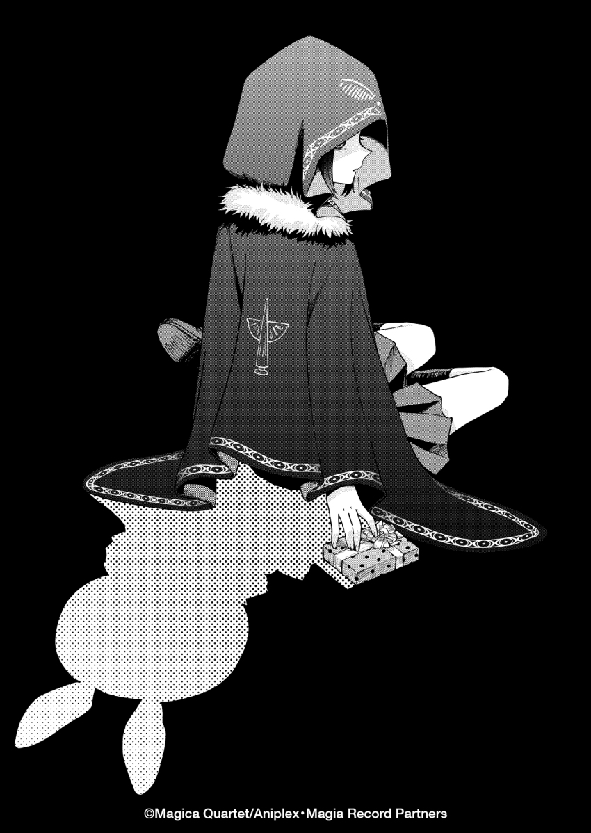1girl, animal_ears, black_background, boots, cloak, commentary, copyright_notice, different_shadow, expressionless, eyelashes, feather_(magia_record), fuji_fujino, full_body, fur-trimmed_cloak, fur_trim, gift, greyscale, halftone, highres, holding, holding_gift, hood, hood_up, hooded_cloak, kuro_(magia_record_game), looking_at_viewer, looking_back, magia_record:_mahou_shoujo_madoka_magica_gaiden, magical_girl, mahou_shoujo_madoka_magica, matasaburo_(madoka_magica), miniskirt, monochrome, official_art, parted_lips, pleated_skirt, pointy_nose, rabbit_ears, short_hair, simple_background, sitting, skirt, untranslatable_commentary, yokozuwari