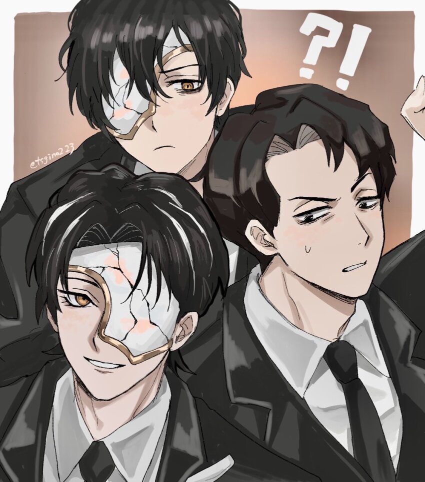 !?, 3boys, bags_under_eyes, black_eyes, black_hair, black_jacket, black_necktie, closed_mouth