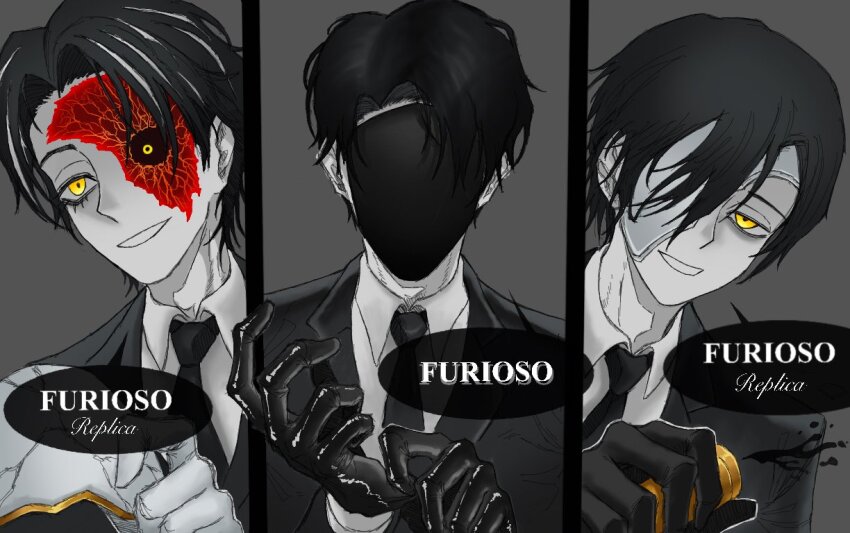 3boys, adjusting_clothes, adjusting_gloves, black_gloves, black_hair, black_jacket, black_mask, black_necktie