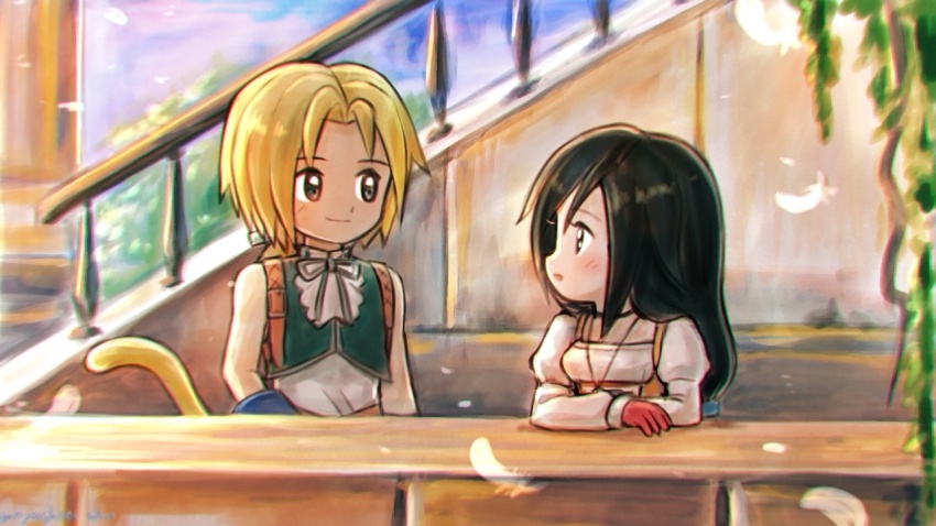 1boy, 1girl, artoria_pendragon_(fate), bare_shoulders, black_choker, black_hair, blonde_hair, blue_wrist_cuffs