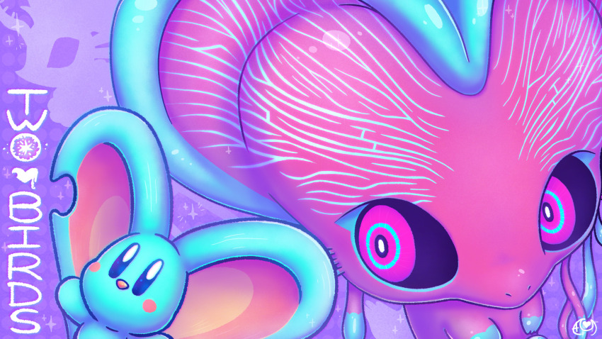 blush_stickers, colored_sclera, efy727, elfilin, fecto_elfilis, fecto_forgo, fecto_forgo_(larva), heart, highres, kirby_(series), kirby_and_the_forgotten_land, nintendo, no_humans, notched_ear, pink_eyes, purple_background, purple_sclera, sparkle, youtube_video_thumbnail