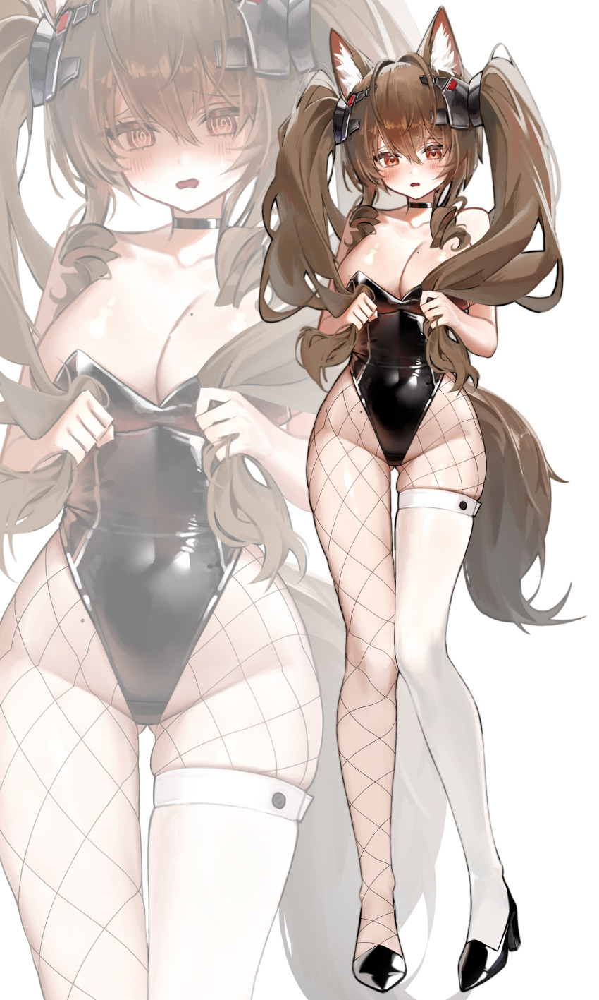 1girl, @_@, absurdres, alternate_costume, angelina_(arknights), animal_ear_fluff, animal_ears, arknights, arknights:_endfield, black_leotard, breasts, brown_hair, cleavage, commentary_request, fishnet_pantyhose, fishnets, fox_ears, fox_girl, gilberta_(arknights), hands_in_own_hair, high_heels, highres, jiajia_0425, large_breasts, leotard, long_hair, pantyhose, playboy_bunny, red_eyes, single_thighhigh, solo, thighhighs, twintails, very_long_hair, white_background, white_thighhighs, zoom_layer