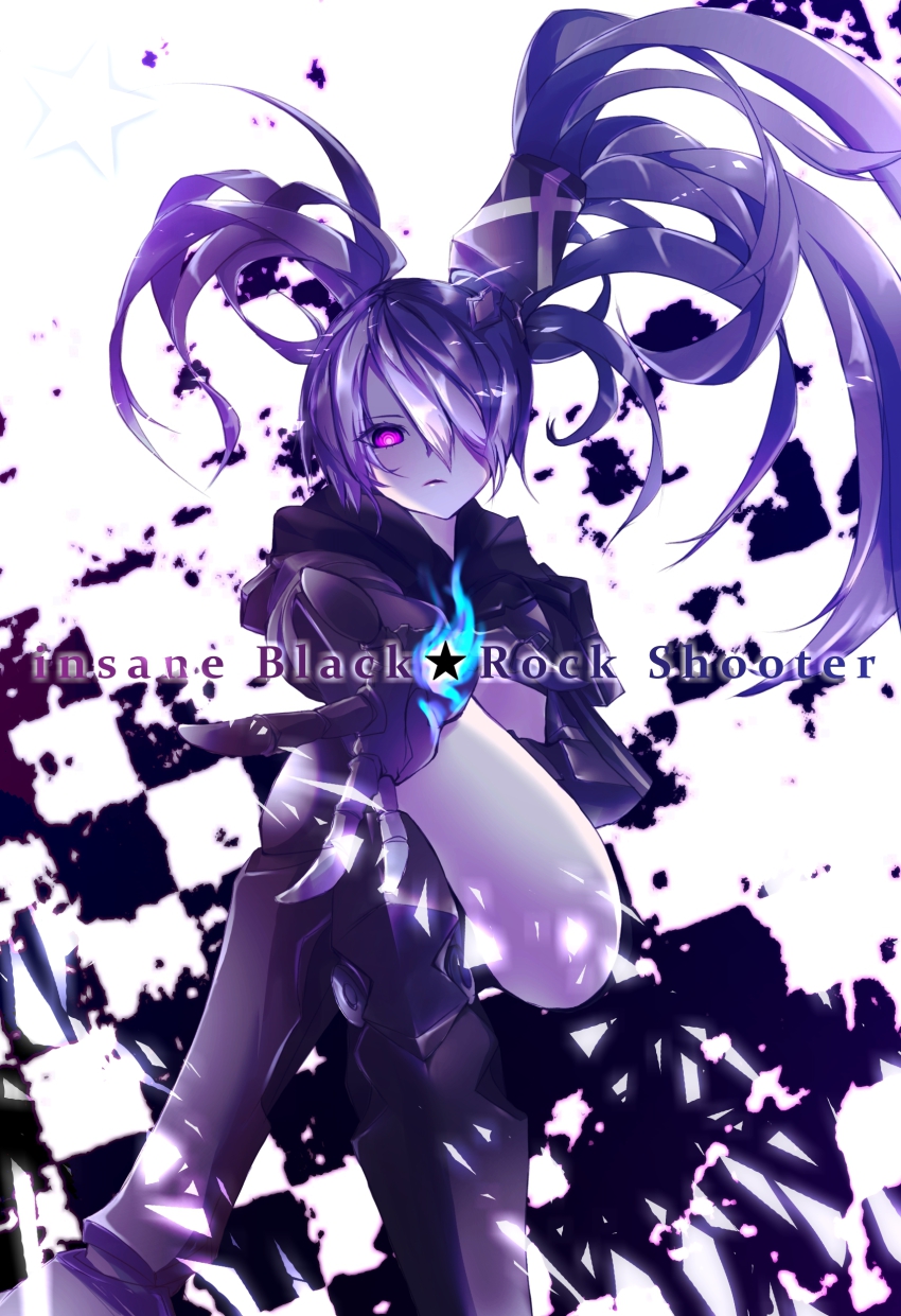 10s, 1girl, absurdres, armor, black_hair, black_rock_shooter, boots, female_focus