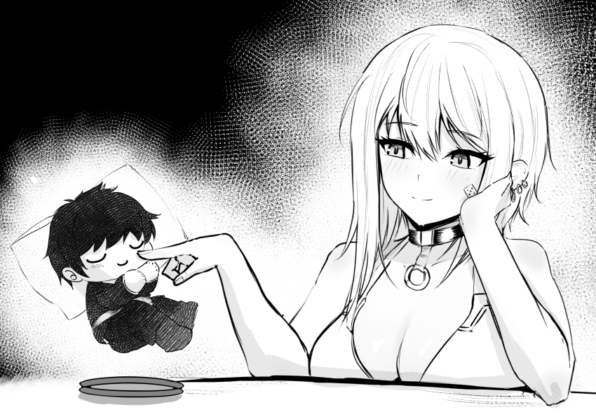 1girl, bandaid, bandaid_on_cheek, bandaid_on_face, bare_shoulders, breasts, character_doll, choker