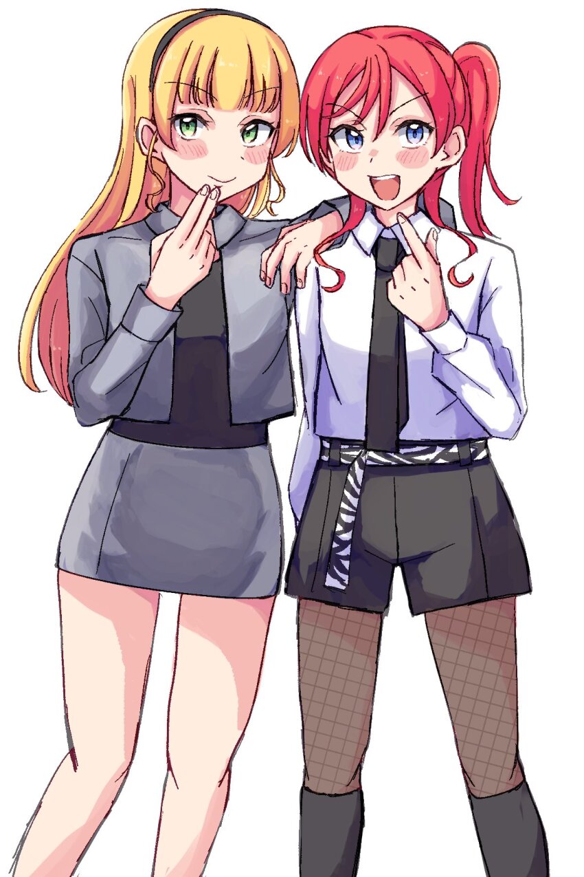 2girls, black_hairband, black_necktie, black_pantyhose, black_shirt, black_shorts, blonde_hair, blue_eyes, blunt_bangs, blush, collared_shirt, commentary, feet_out_of_frame, fishnet_pantyhose, fishnets, four-finger_heart_hands, green_eyes, grey_jacket, grey_skirt, hairband, hashtag-only_commentary, heanna_sumire, heart, heart_hands, highres, jacket, just_woo!!, liella!_solo_outfit_design_vote, long_sleeves, love_live!, love_live!_superstar!!, miniskirt, multiple_girls, necktie, open_clothes, open_jacket, osoba_(osobaomochi), pantyhose, pencil_skirt, red_hair, salute, shirt, shorts, side_ponytail, simple_background, skirt, sky_linker_(love_live!), square-end_necktie, two-finger_salute, untranslatable_commentary, white_background, white_shirt, yoneme_mei