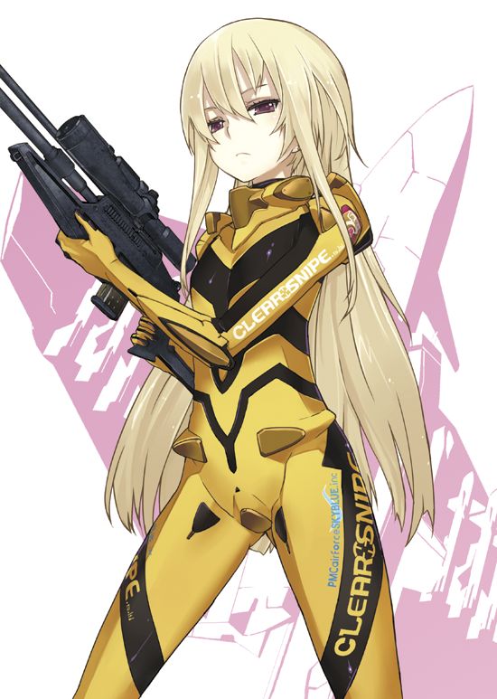 10s, 1girl, blonde_hair, bodysuit, clothes_writing, female_focus, flat_chest, gun, heavy_object, long_hair, mariydi_whitewitch, military, nagi_ryou, official_art, original, purple_eyes, rifle, solo, weapon