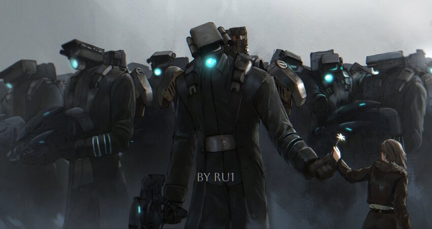 1girl, 6+boys, artist_name, blue_light, brown_hair, camera_man_(character), cloud_ruan99543, commentary, energy_gun, english_commentary, flashlight, flower, fur_trim, giving_flower, highres, holding, holding_flower, jetpack, long_hair, looking_at_another, march, multiple_boys, object_head, plasma_rifle, security_camera, skibidi_toilet_(series), weapon, white_flower