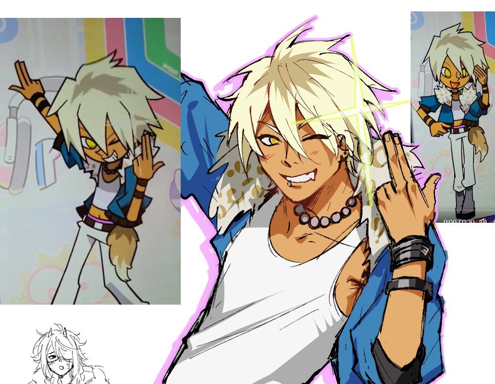 1boy, bemani, blonde_hair, blue_jacket, bracelet, chara-o, dark-skinned_male, dark_skin