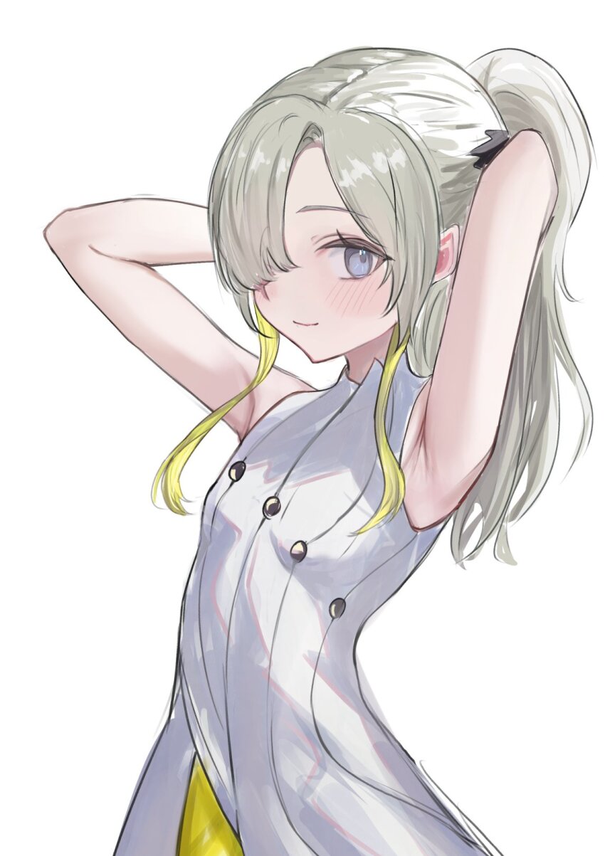 1girl, armpits, arms_up, blue_eyes, blush, closed_mouth, dress, grey_hair