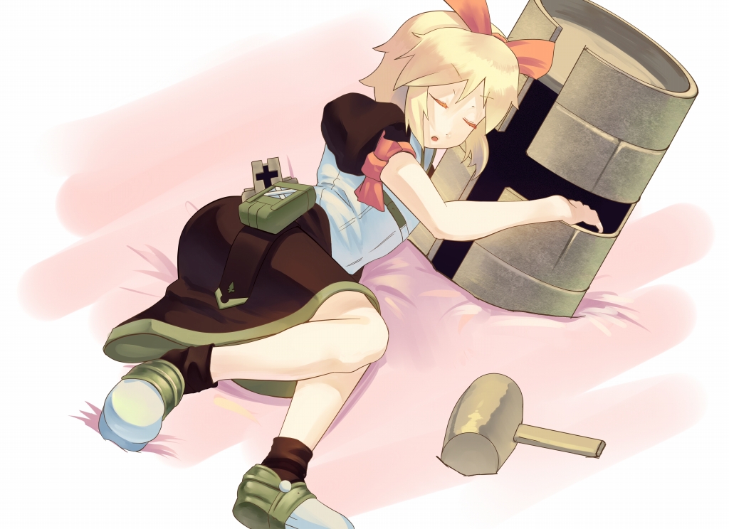 blonde_hair, bow, elena_(rune_factory_oceans), golem, hair_bow, hammer, harvest_moon, lying