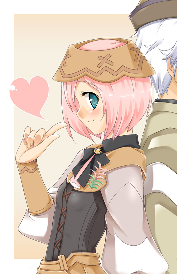 azel_(rune_factory), back-to-back, gokubuto_mayuge, green_eyes, harvest_moon, headband, heart, pink_hair, rune_factory, rune_factory_oceans, short_hair, silver_hair, sonia_(rune_factory)