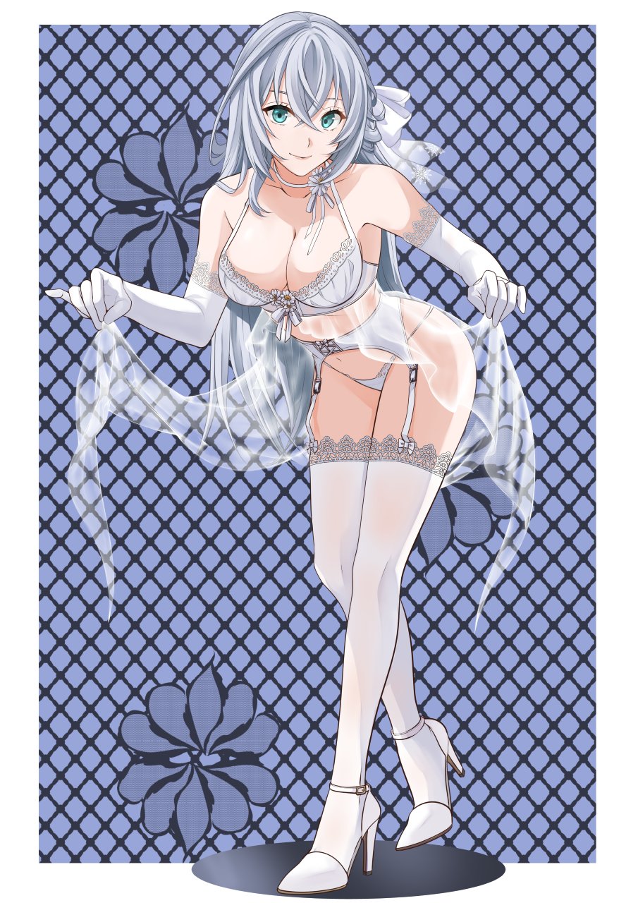 1girl, bob_cut, border, bra, breasts, bridal_lingerie, cleavage, closed_mouth, collarbone, commentary_request, commission, crossed_bangs, double-parted_bangs, eiyuu_densetsu, elbow_gloves, full_body, gloves, green_eyes, grid_background, hair_between_eyes, half_updo, high_heels, highres, kuro_no_kiseki_(series), lace, lace-trimmed_bra, lace_trim, large_breasts, leaning_forward, lingerie, looking_at_viewer, navel, over-kneehighs, panties, runrui_kaku, shizuna_rem_misurugi, skeb_commission, smile, socks, solo, stomach, thighhighs, underwear, white_border, white_bra, white_gloves, white_hair, white_panties, white_socks