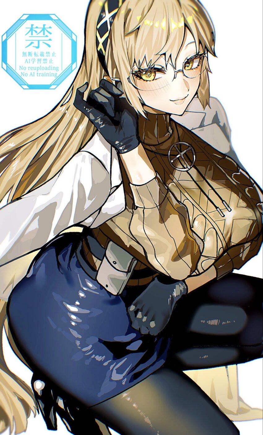 1girl, black_gloves, black_pantyhose, black_skirt, blonde_hair, blush, breasts, commentary_request